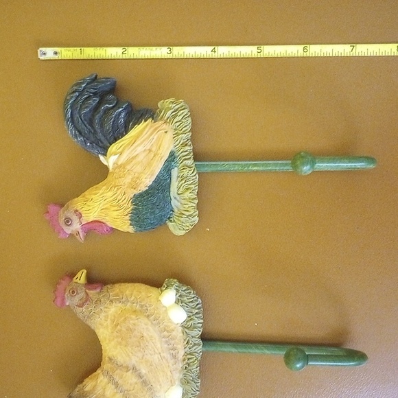 Set of Two Ceramic & Metal Rooster & Hen Hooks, Kitchen Chicken Hooks - Picture 4 of 5